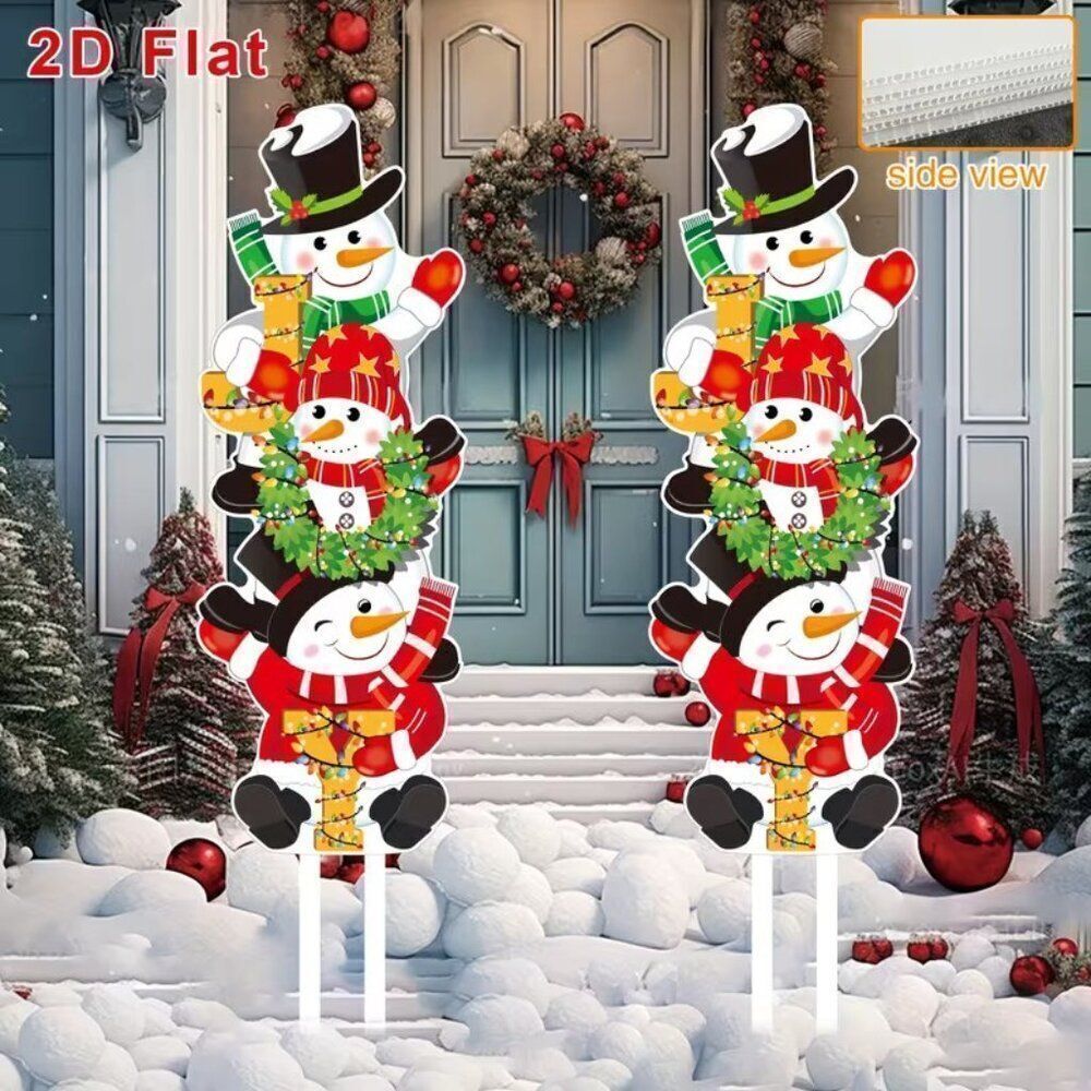 Set of 2 Classic Holiday Festive Christmas Snowman & Wreath Yard Stake Set